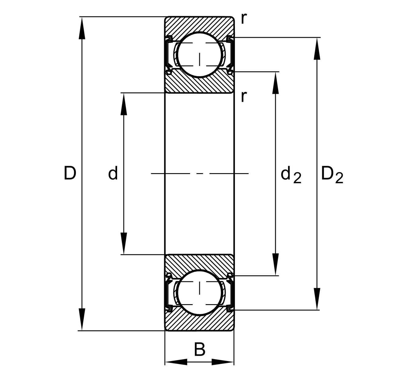 Technische tekening van Schaeffler lager, die de belangrijkste afmetingen toont van artikel: FAG-6000-C-2HRS-C3