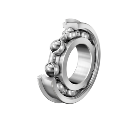 Een open NR diepgroefkogellager zonder seals. NR staat voor borggroef in de buitenring N, met een snapring R voorgemonteerd.